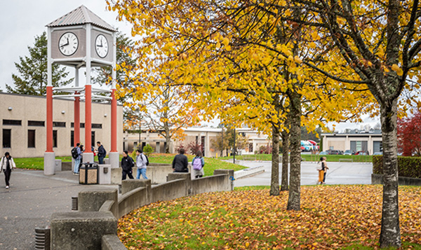 South Seattle College fall leaves and clocktower
