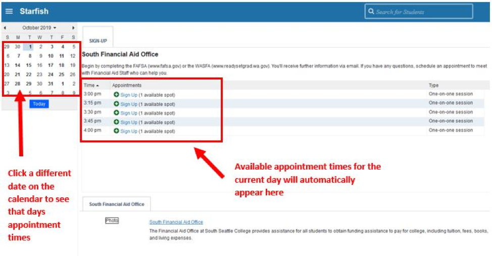 Screenshot of available appt times once logged in