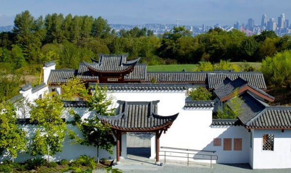Chinese Garden at South Seattle College large white structure with black roof